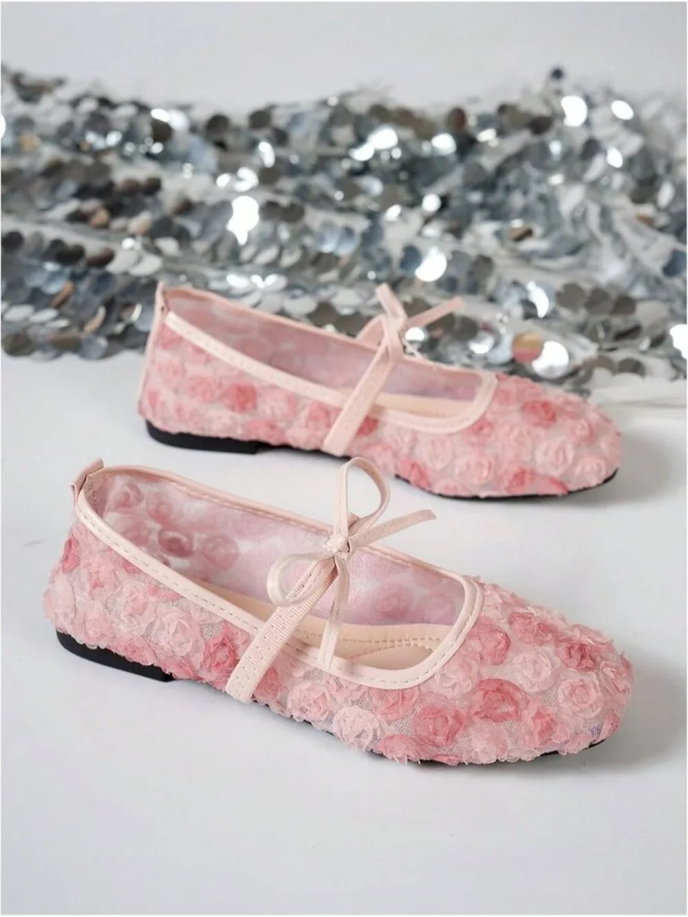 Women's Bright Pink Mesh Ballet Flats Lace Bow Square Toe Wedding Dressy Shoes